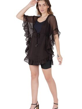 Ruffle-Trim Black Sheer Swim Coverup with Tie Waist